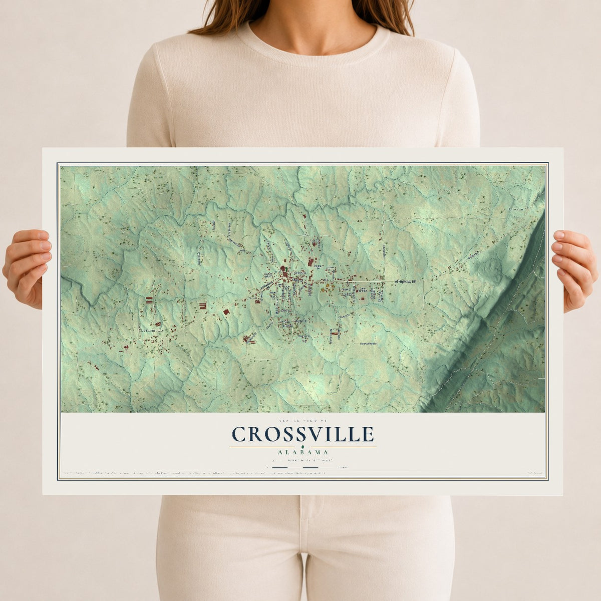 Map of Crossville, Alabama, 12 x 18 inch unframed archival matte print