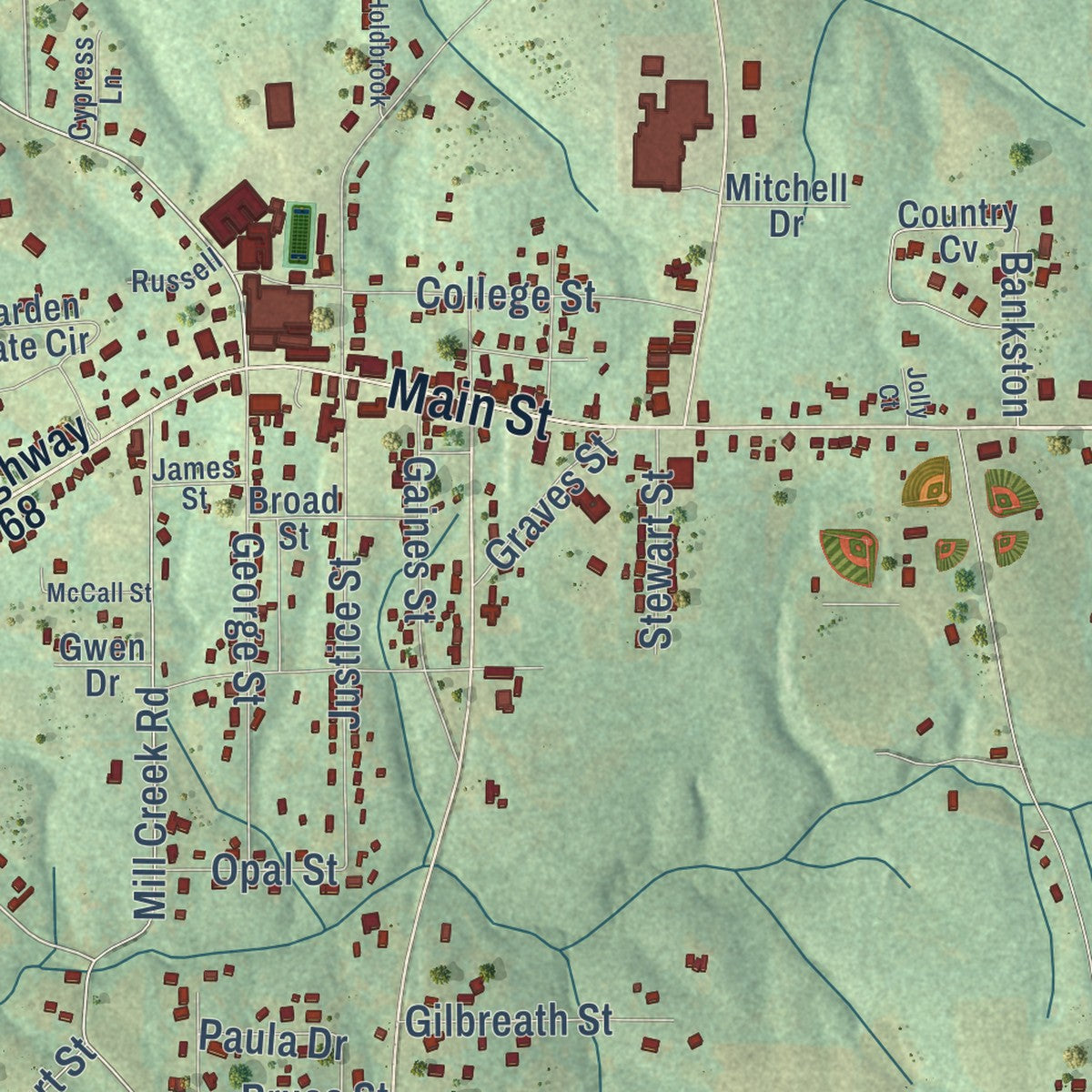 Close-up of the map of Crossville, Alabama print showing street and building detail