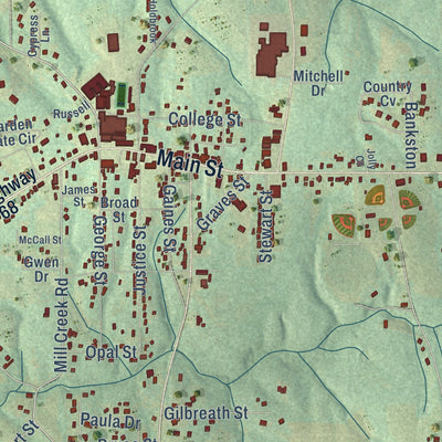 Close-up of the map of Crossville, Alabama print showing street and building detail
