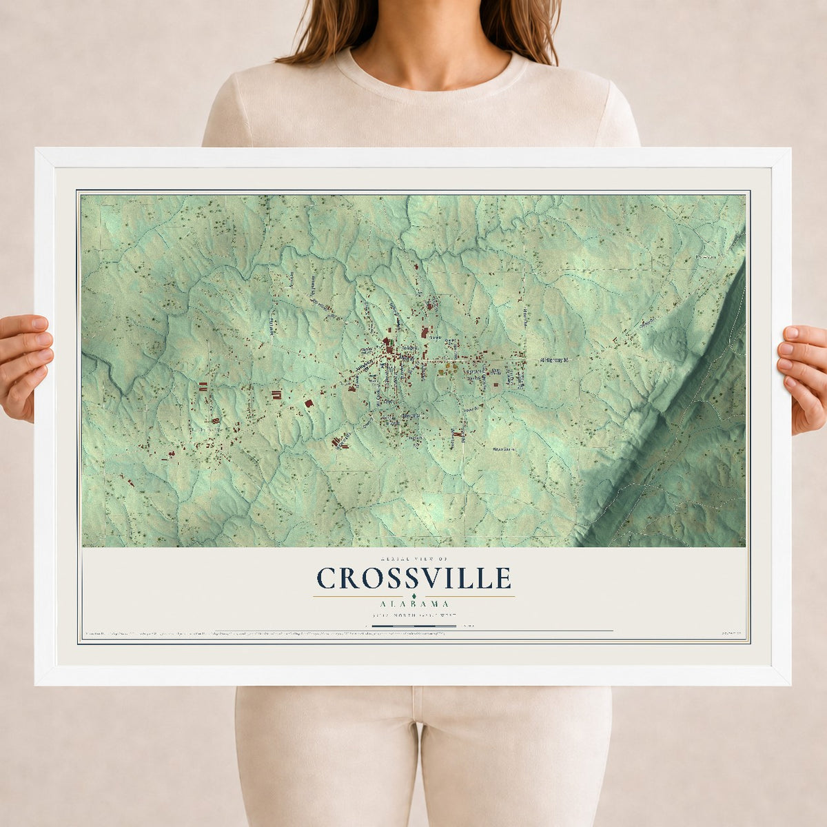 Map of Crossville, Alabama, 18 x 24 inch print in a white wood frame