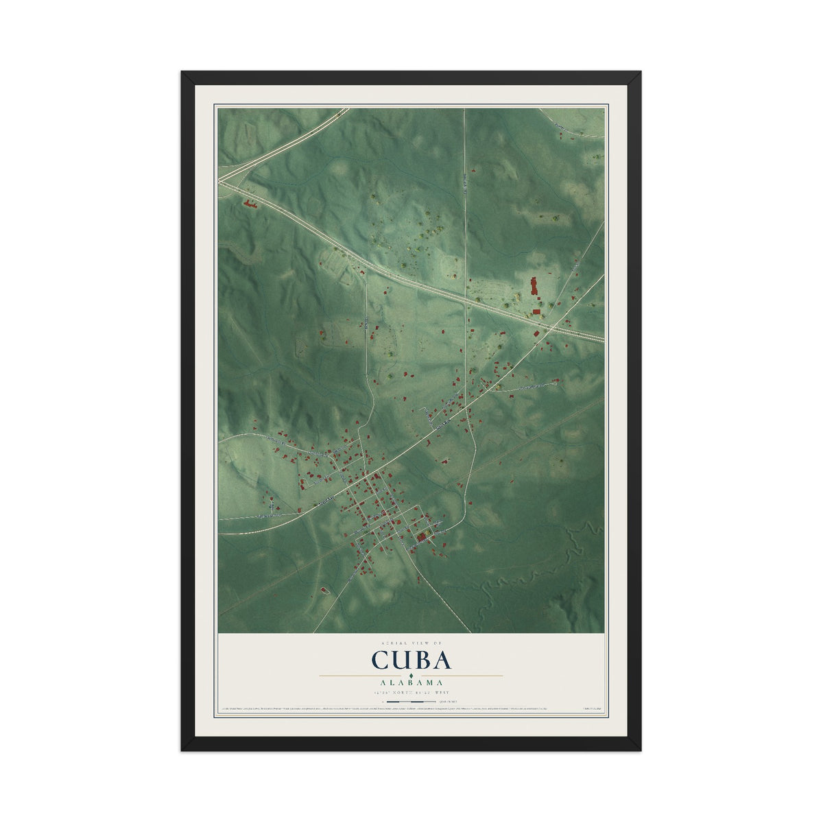 Map of Cuba, Alabama, 12 x 18 inch print in a black wood frame