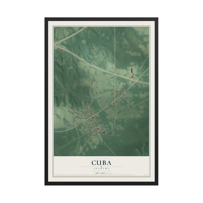 Map of Cuba, Alabama, 12 x 18 inch print in a black wood frame