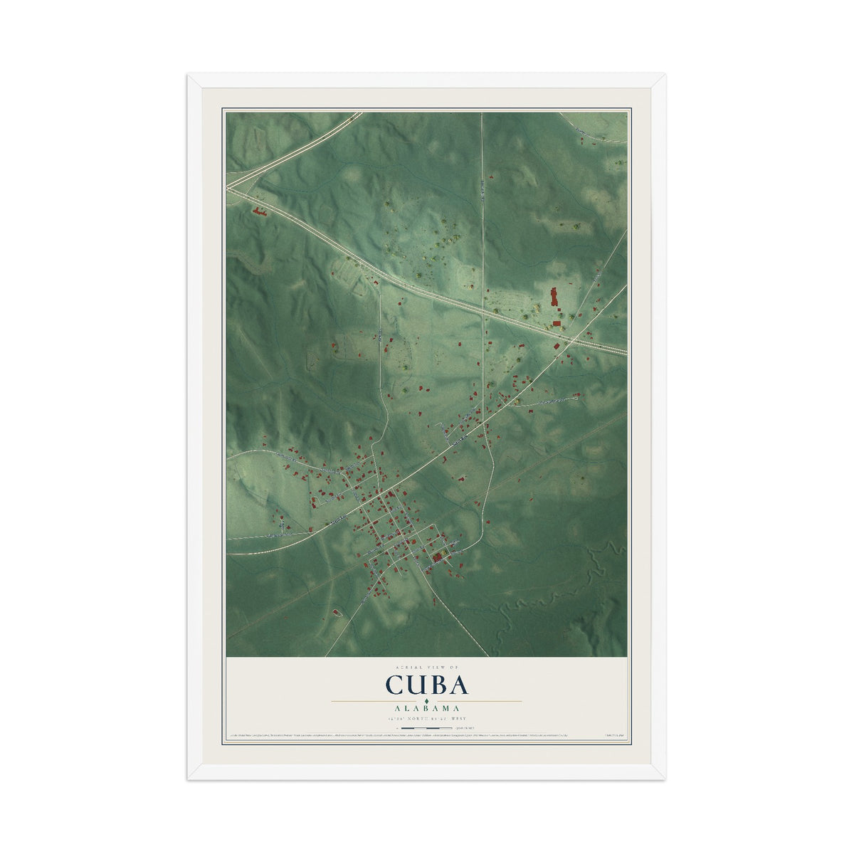 Map of Cuba, Alabama, 12 x 18 inch print in a white wood frame