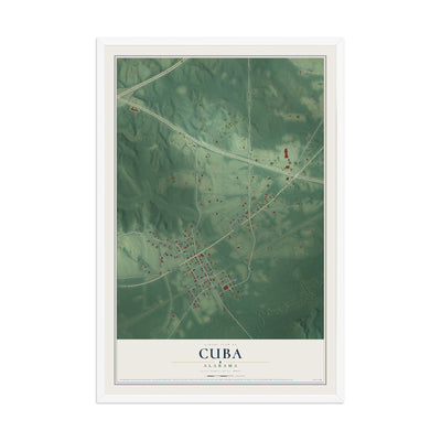 Map of Cuba, Alabama, 12 x 18 inch print in a white wood frame