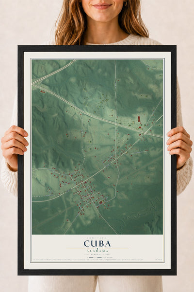 Map of Cuba, Alabama, 18 x 24 inch print in a black wood frame