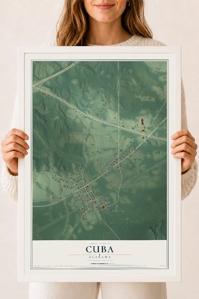 Map of Cuba, Alabama, 18 x 24 inch print in a white wood frame