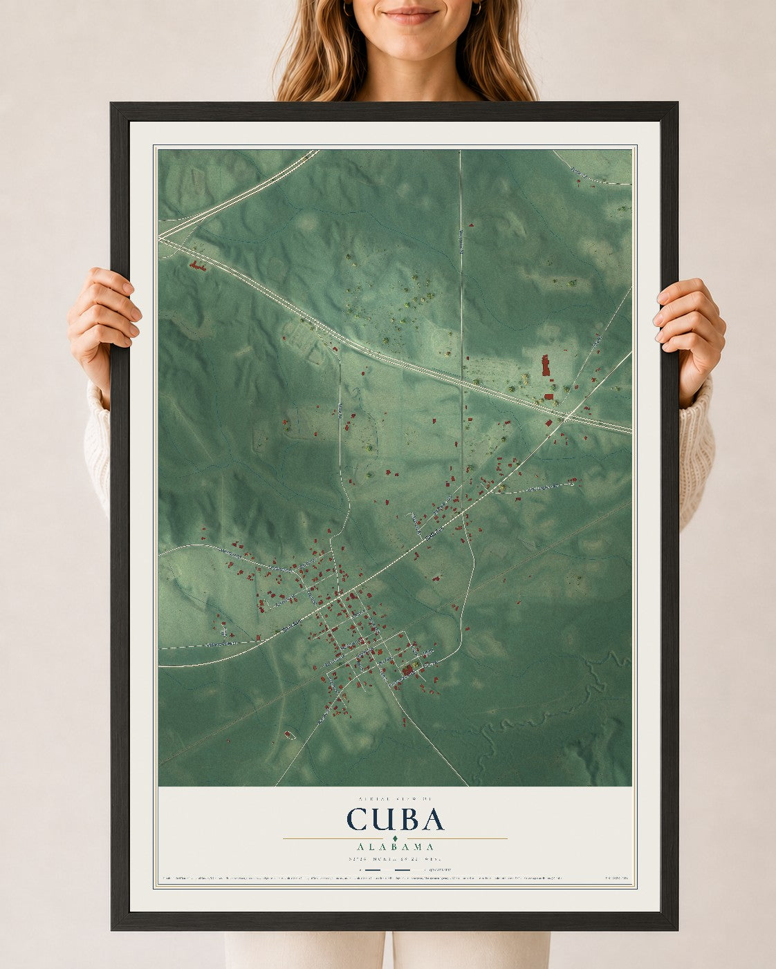 Map of Cuba, Alabama, 24 x 36 inch print in a black wood frame