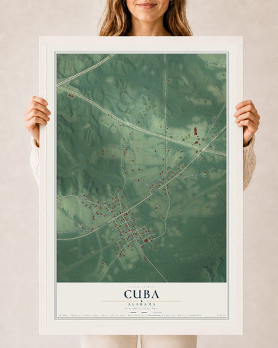 Map of Cuba, Alabama, 24 x 36 inch print in a white wood frame