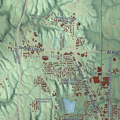 Second close-up of the map of Cullman, Alabama print showing more streets and buildings