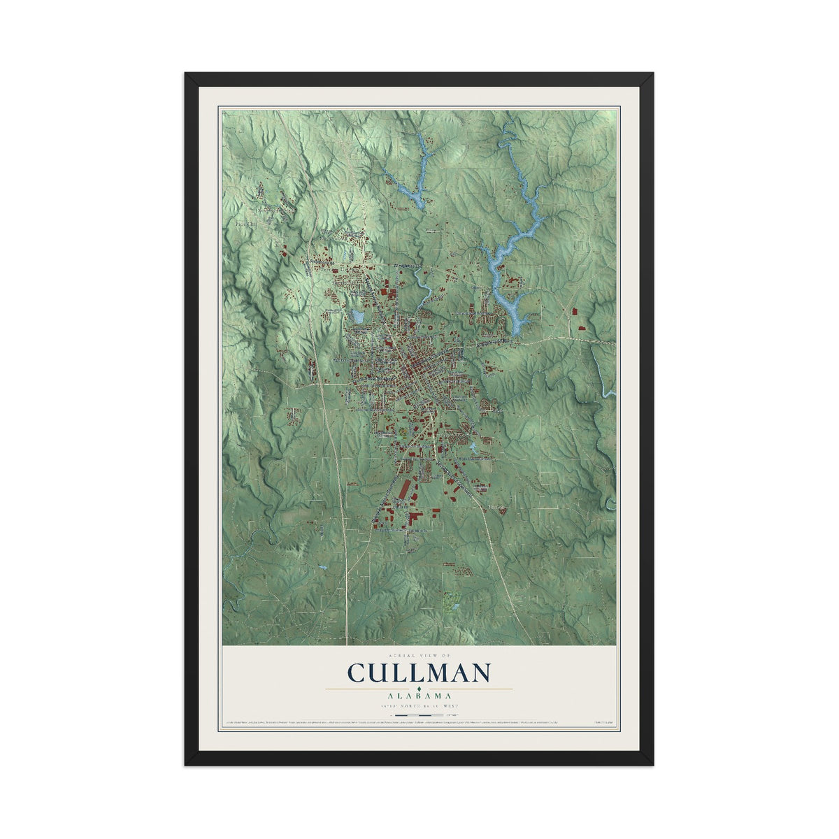 Map of Cullman, Alabama, 12 x 18 inch print in a black wood frame