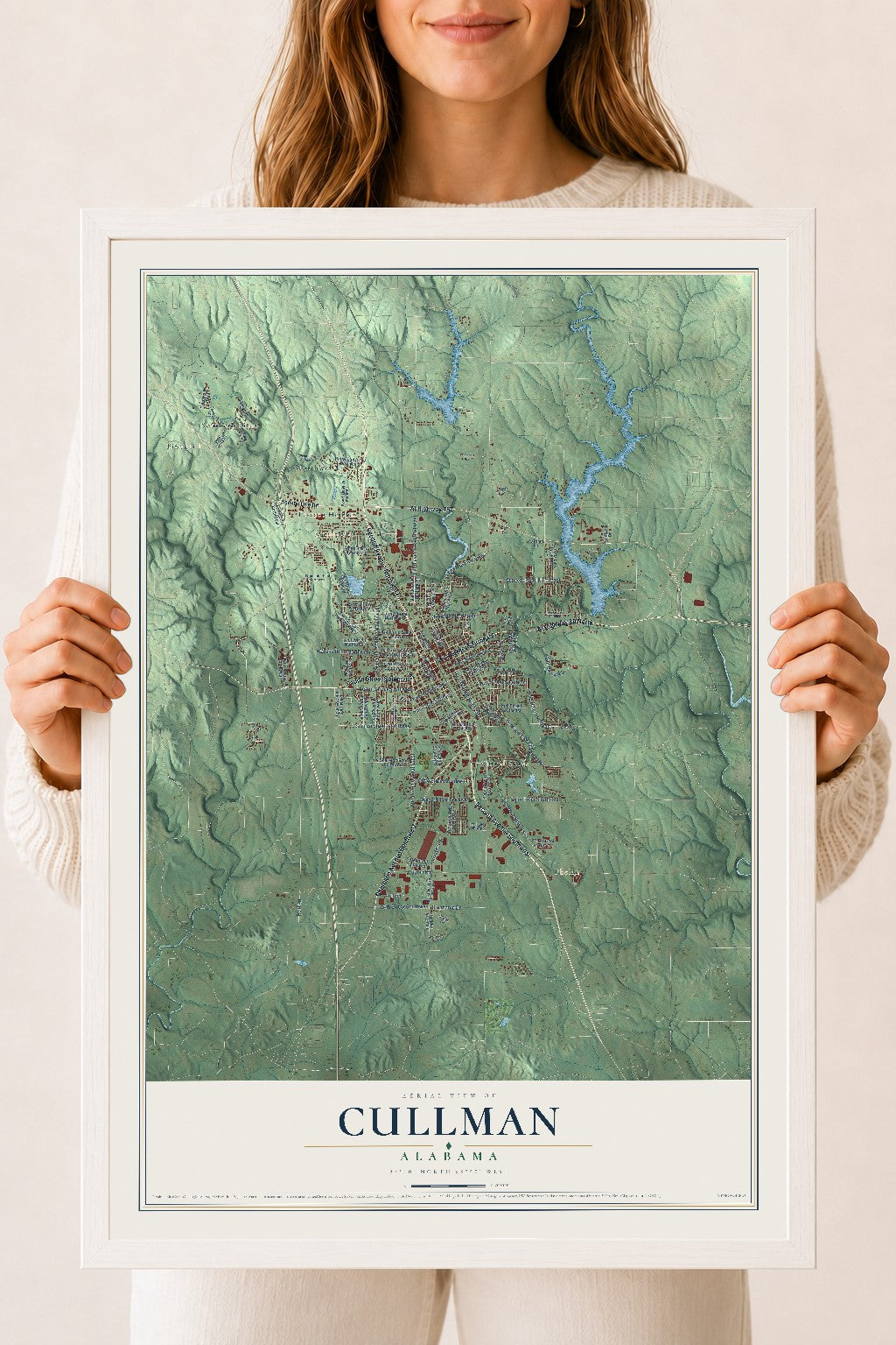Map of Cullman, Alabama, 18 x 24 inch print in a white wood frame