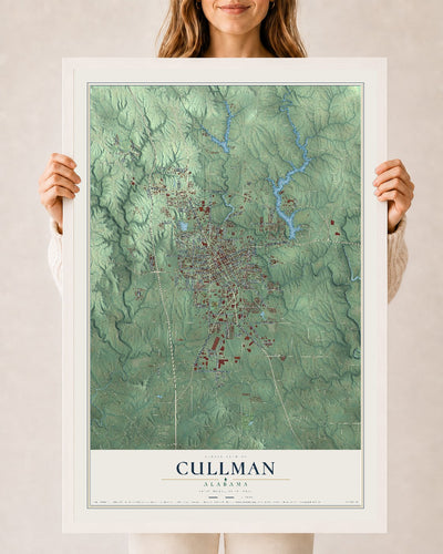 Map of Cullman, Alabama, 24 x 36 inch print in a white wood frame