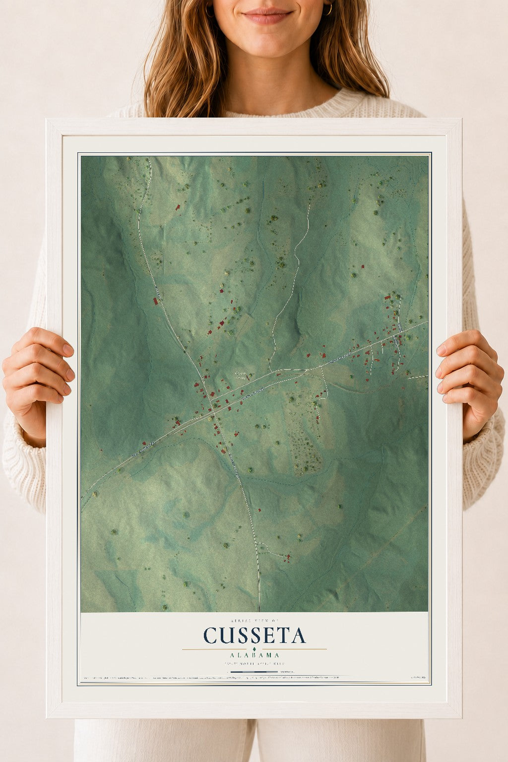 Map of Cusseta, Alabama, 18 x 24 inch print in a white wood frame