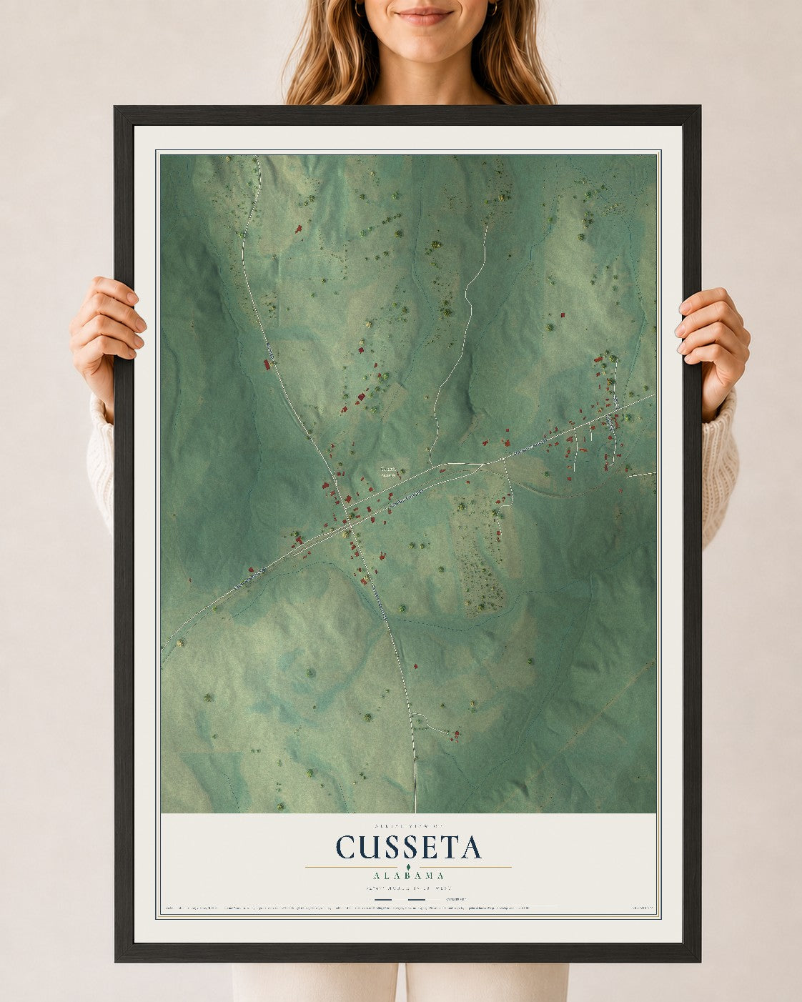 Map of Cusseta, Alabama, 24 x 36 inch print in a black wood frame