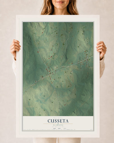 Map of Cusseta, Alabama, 24 x 36 inch print in a white wood frame