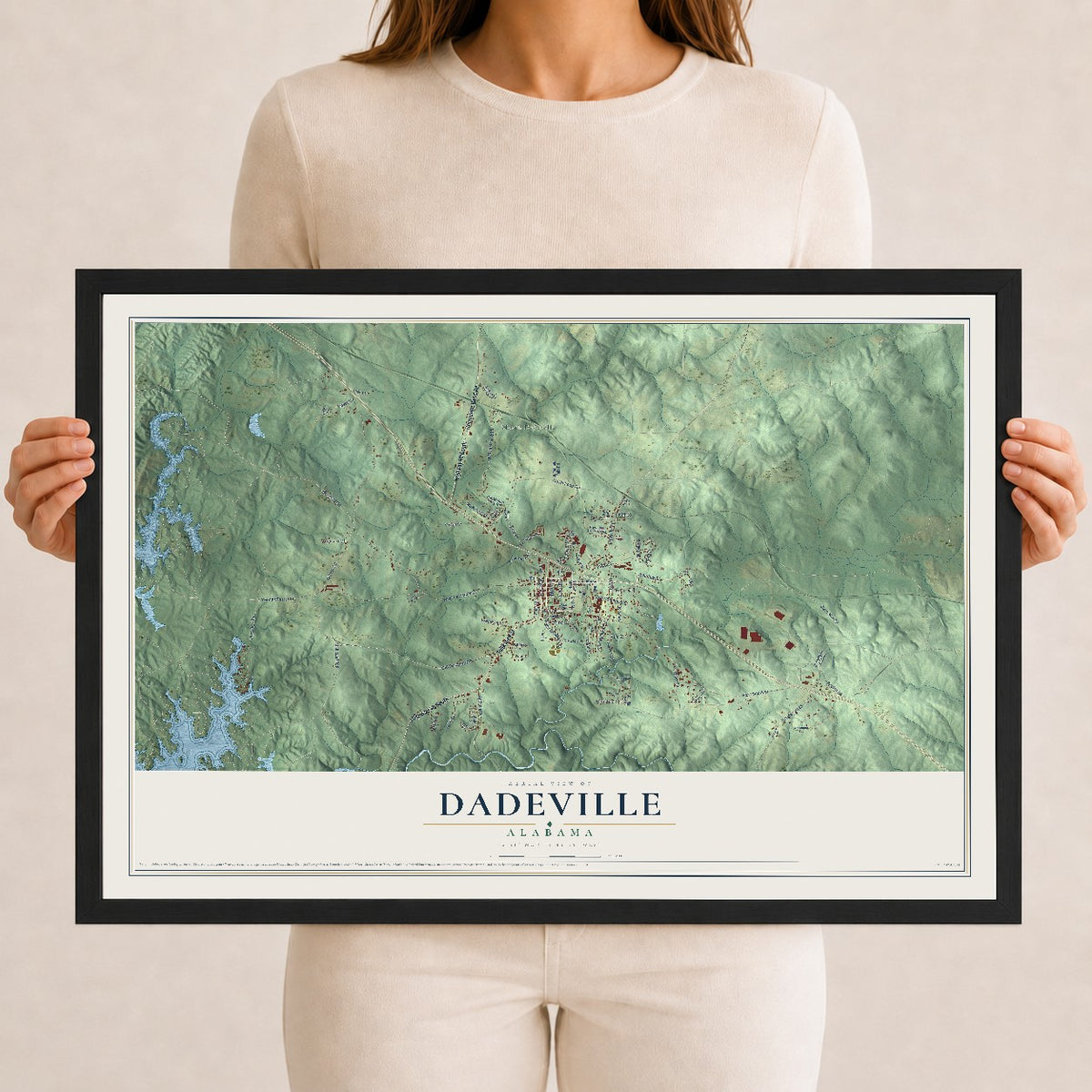 Map of Dadeville, Alabama, 12 x 18 inch print in a black wood frame
