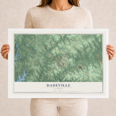 Map of Dadeville, Alabama, 12 x 18 inch print in a white wood frame