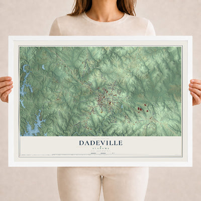 Map of Dadeville, Alabama, 18 x 24 inch print in a white wood frame