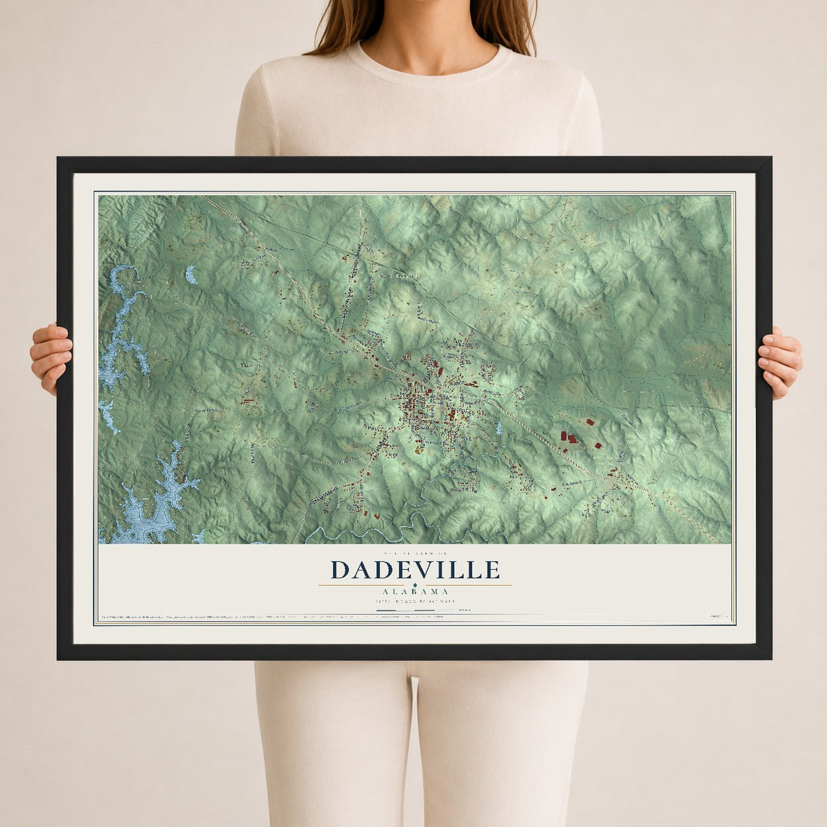 Map of Dadeville, Alabama, 24 x 36 inch print in a black wood frame