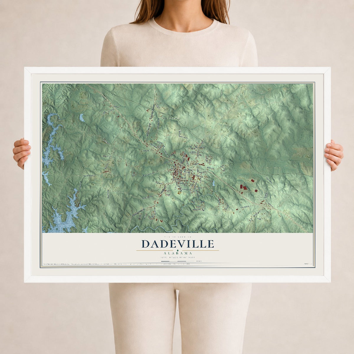 Map of Dadeville, Alabama, 24 x 36 inch print in a white wood frame