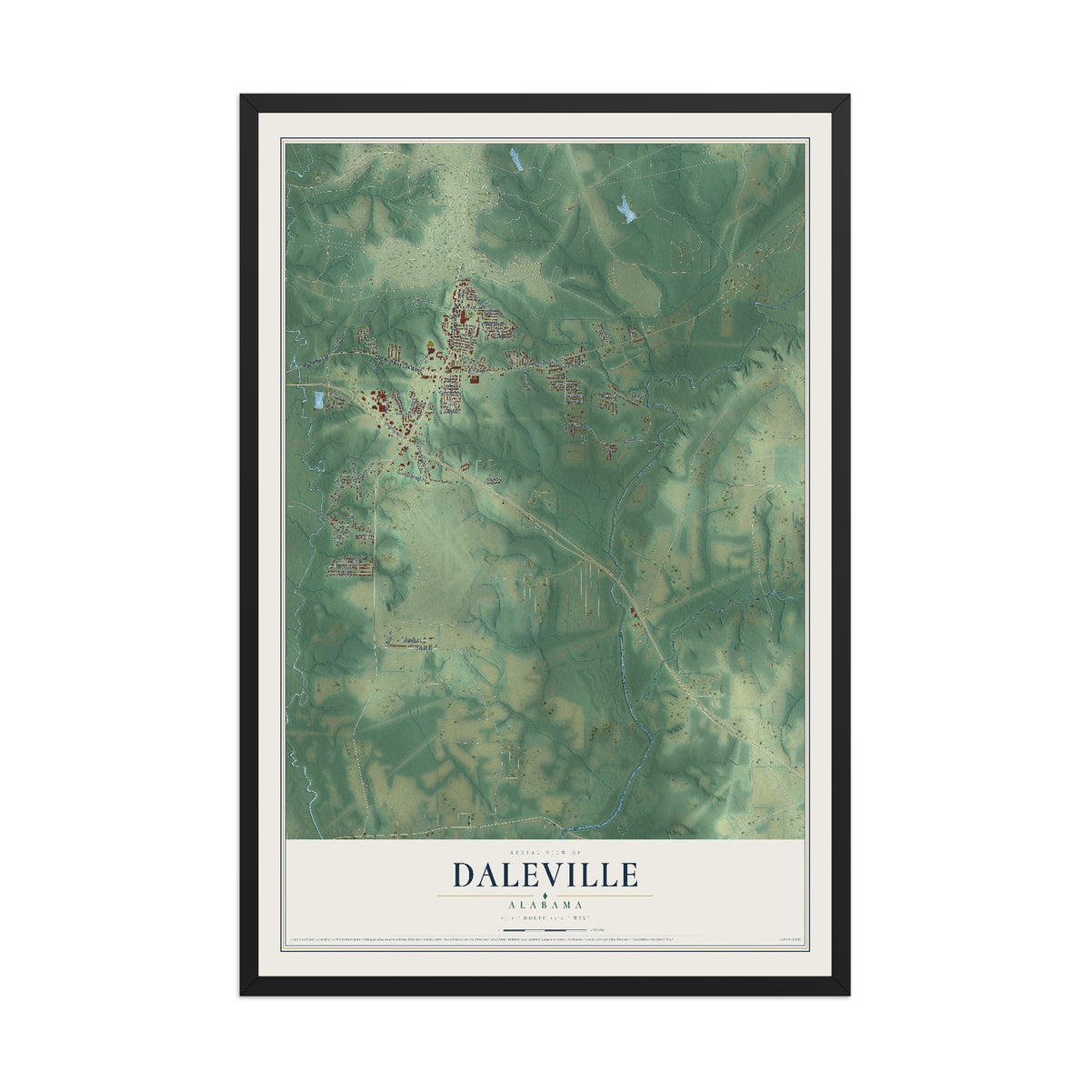 Map of Daleville, Alabama, 12 x 18 inch print in a black wood frame