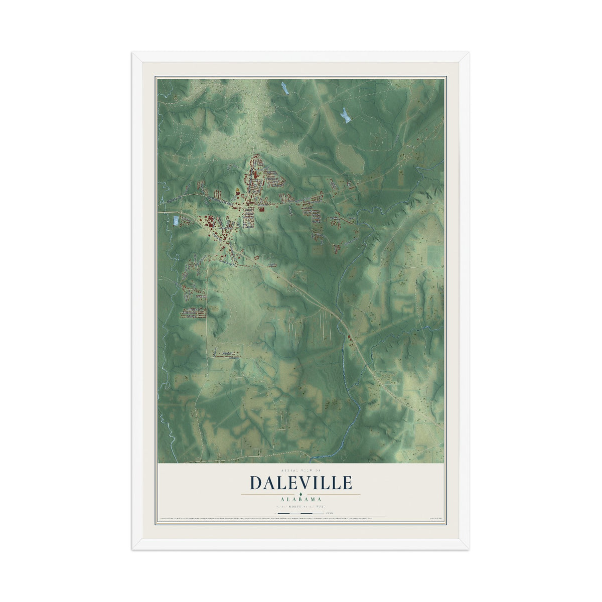 Map of Daleville, Alabama, 12 x 18 inch print in a white wood frame