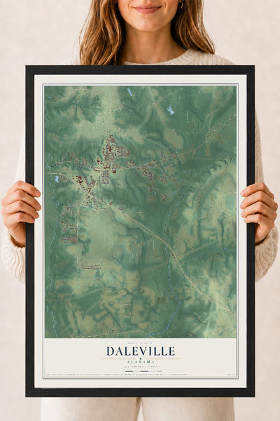 Map of Daleville, Alabama, 18 x 24 inch print in a black wood frame