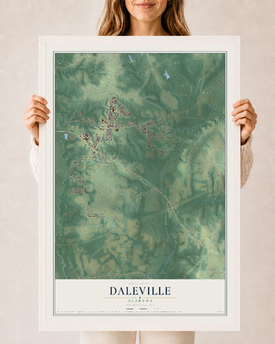 Map of Daleville, Alabama, 24 x 36 inch print in a white wood frame