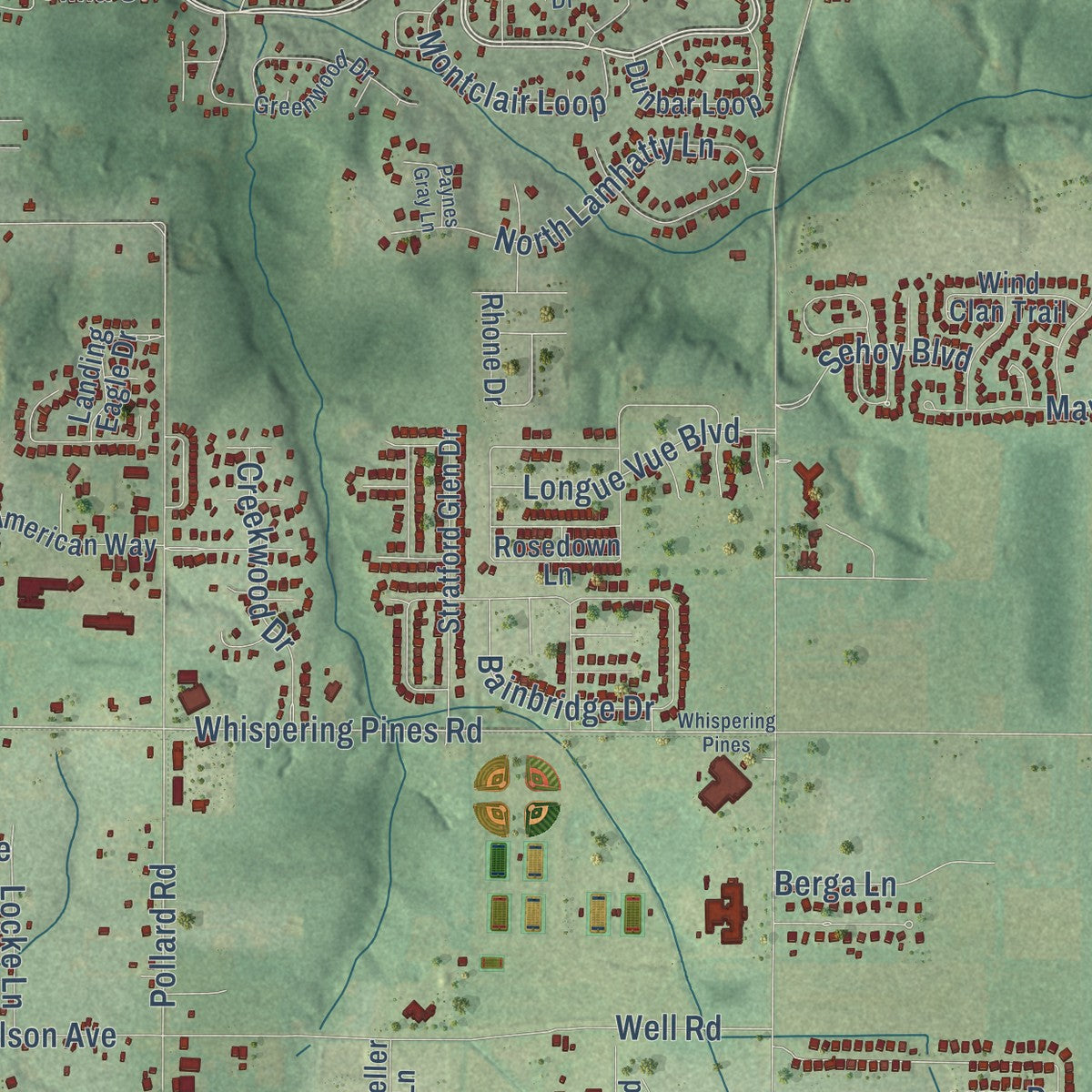 Second close-up of the map of Daphne, Alabama print showing more streets and buildings