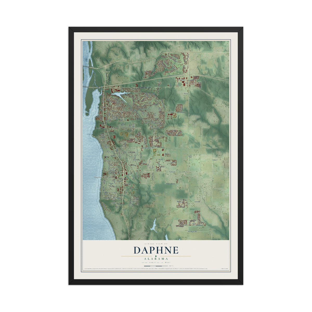 Map of Daphne, Alabama, 12 x 18 inch print in a black wood frame