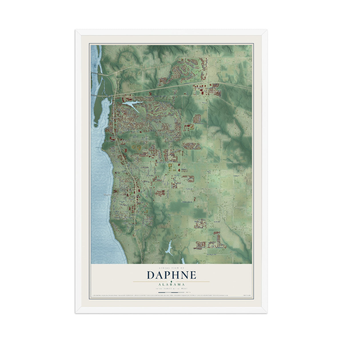 Map of Daphne, Alabama, 12 x 18 inch print in a white wood frame