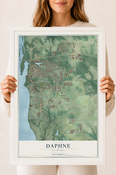 Map of Daphne, Alabama, 18 x 24 inch print in a white wood frame