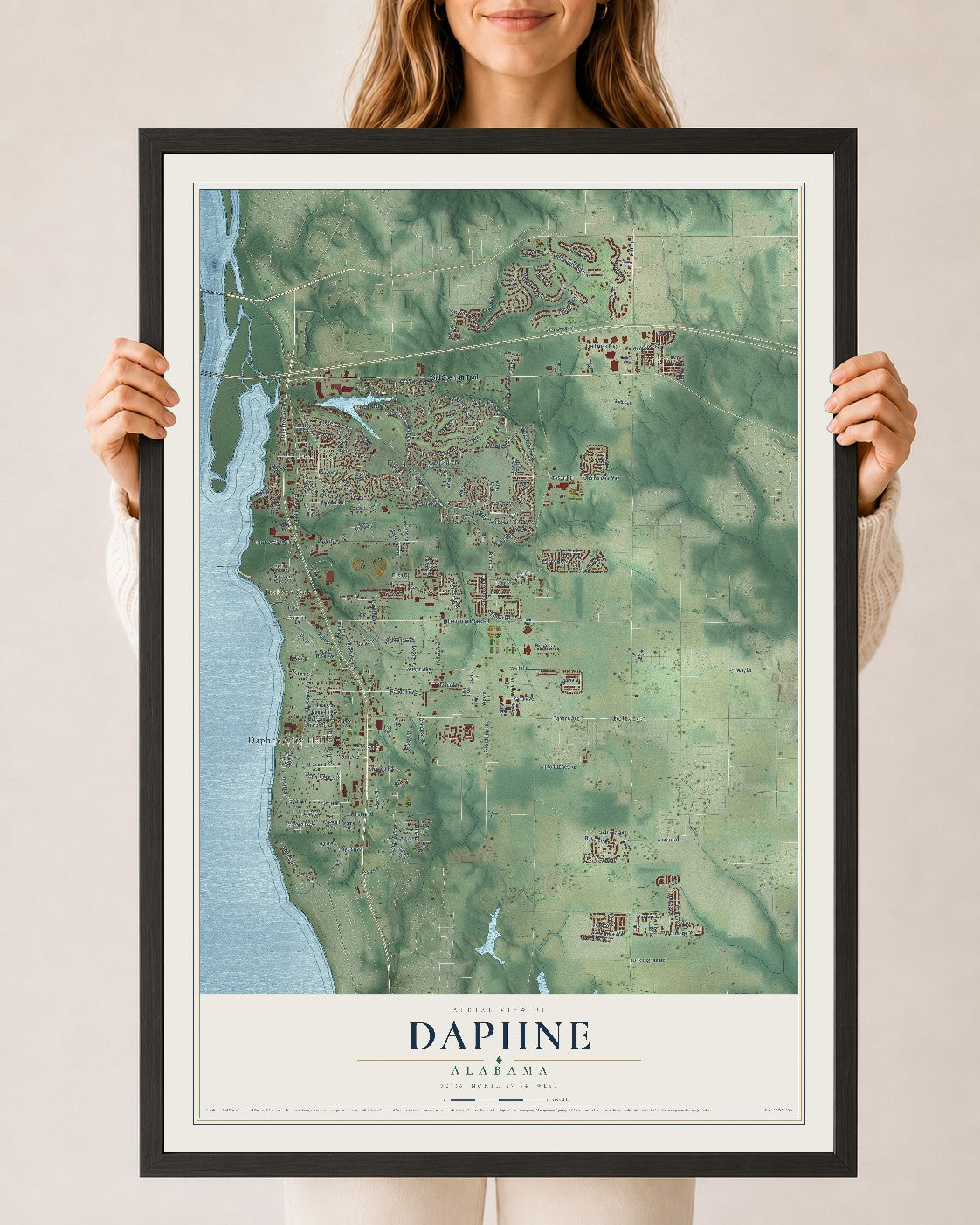 Map of Daphne, Alabama, 24 x 36 inch print in a black wood frame