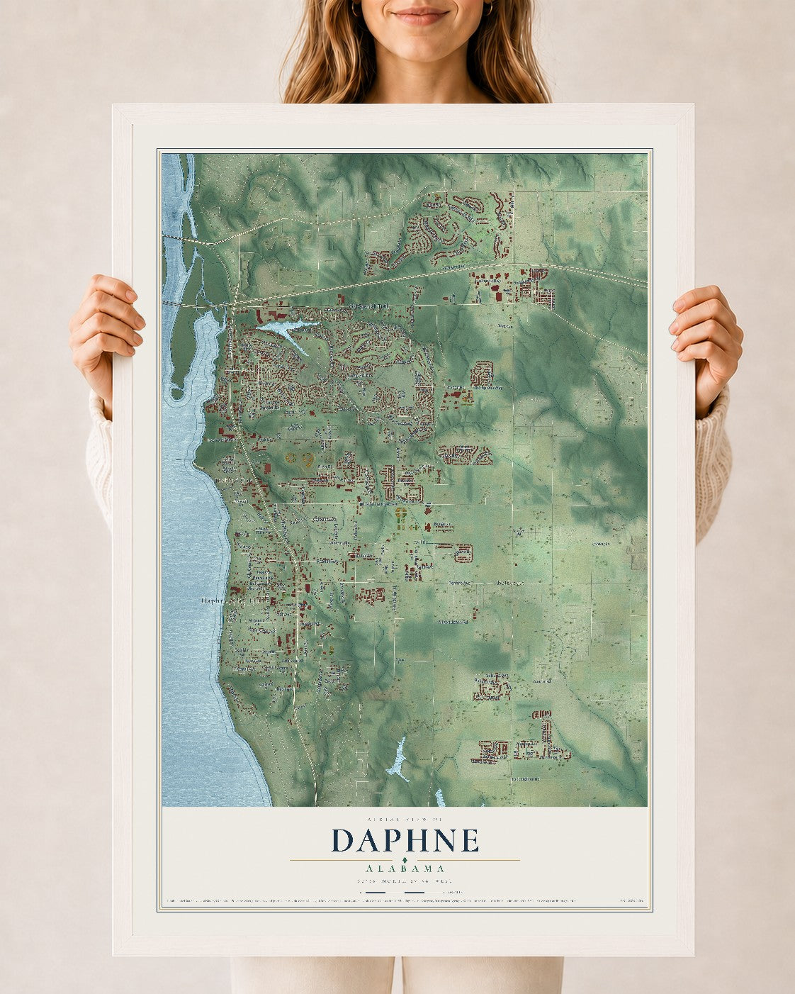 Map of Daphne, Alabama, 24 x 36 inch print in a white wood frame