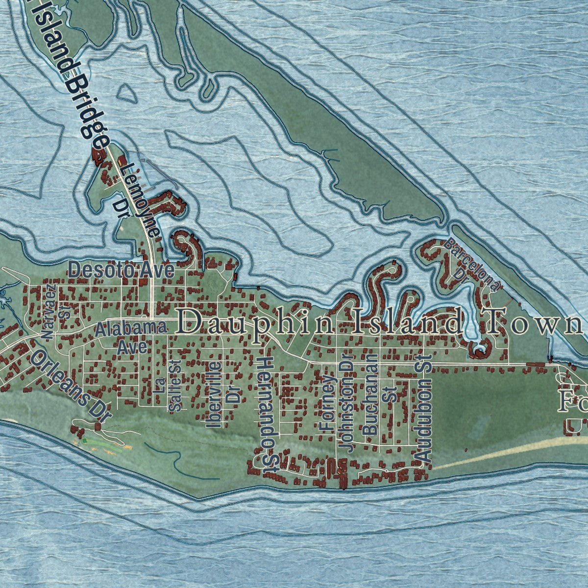 Close-up of the map of Dauphin Island, Alabama print showing street and building detail