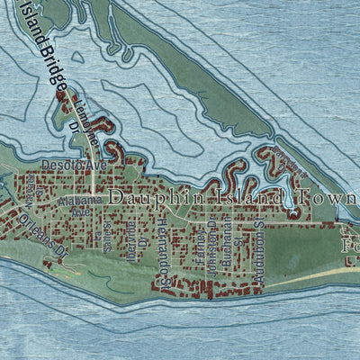 Close-up of the map of Dauphin Island, Alabama print showing street and building detail