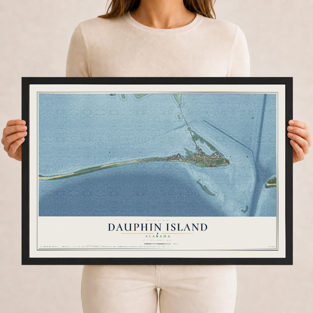 Map of Dauphin Island, Alabama, 12 x 18 inch print in a black wood frame