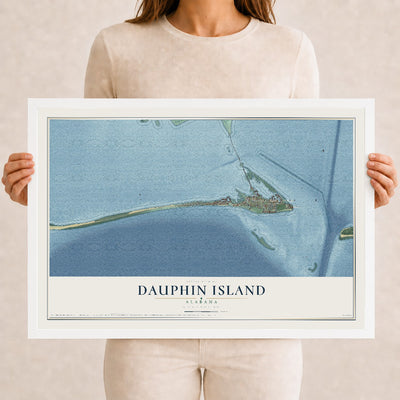 Map of Dauphin Island, Alabama, 12 x 18 inch print in a white wood frame