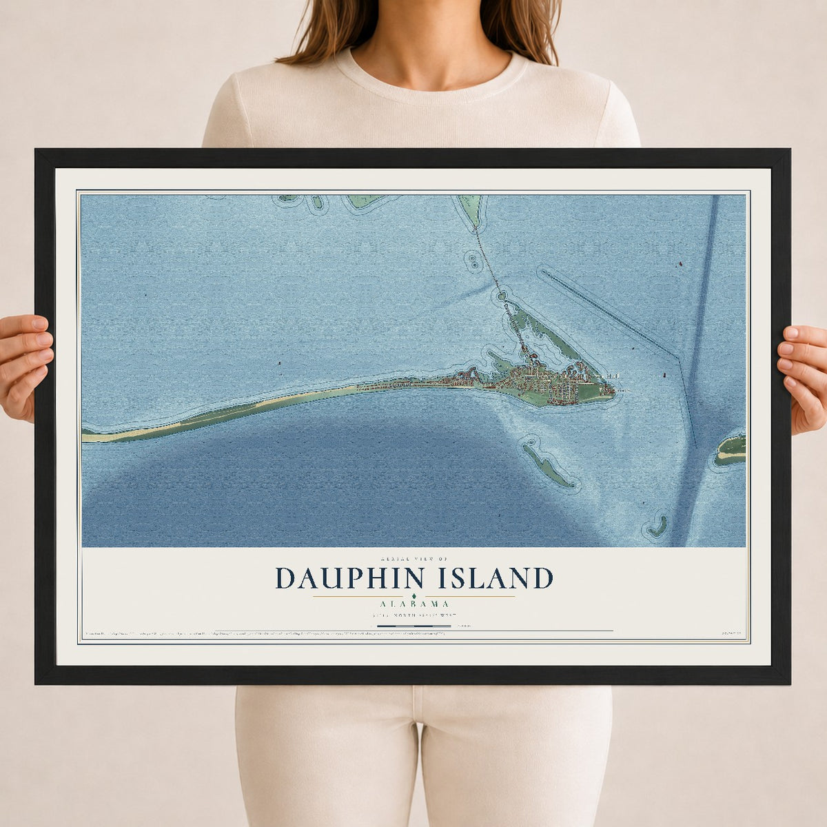 Map of Dauphin Island, Alabama, 18 x 24 inch print in a black wood frame