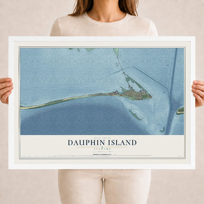 Map of Dauphin Island, Alabama, 18 x 24 inch print in a white wood frame