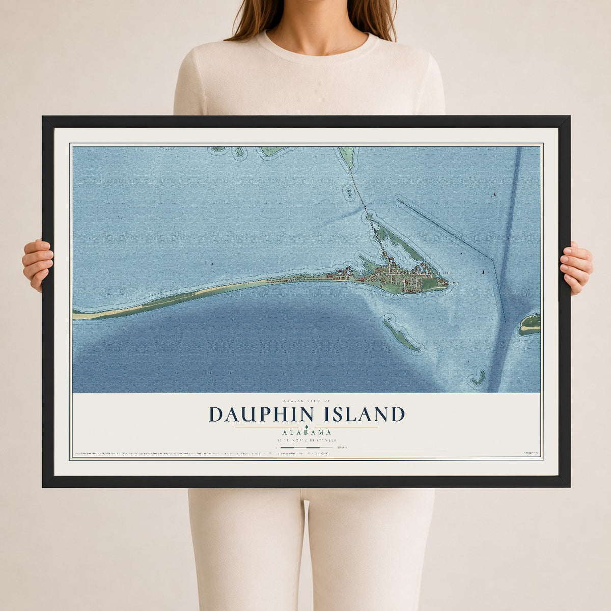Map of Dauphin Island, Alabama, 24 x 36 inch print in a black wood frame
