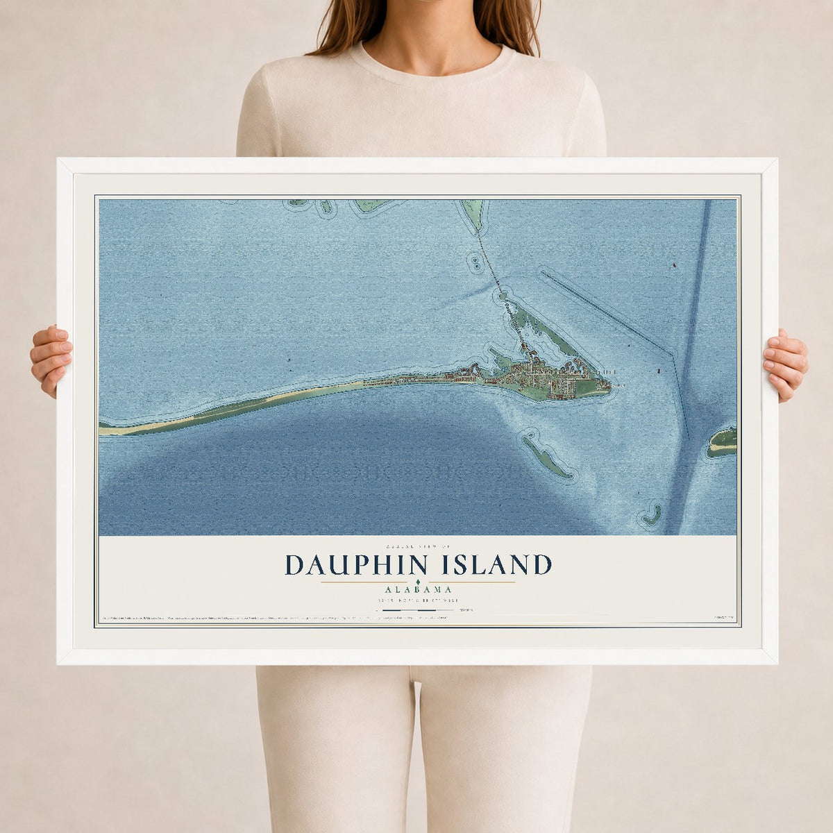 Map of Dauphin Island, Alabama, 24 x 36 inch print in a white wood frame