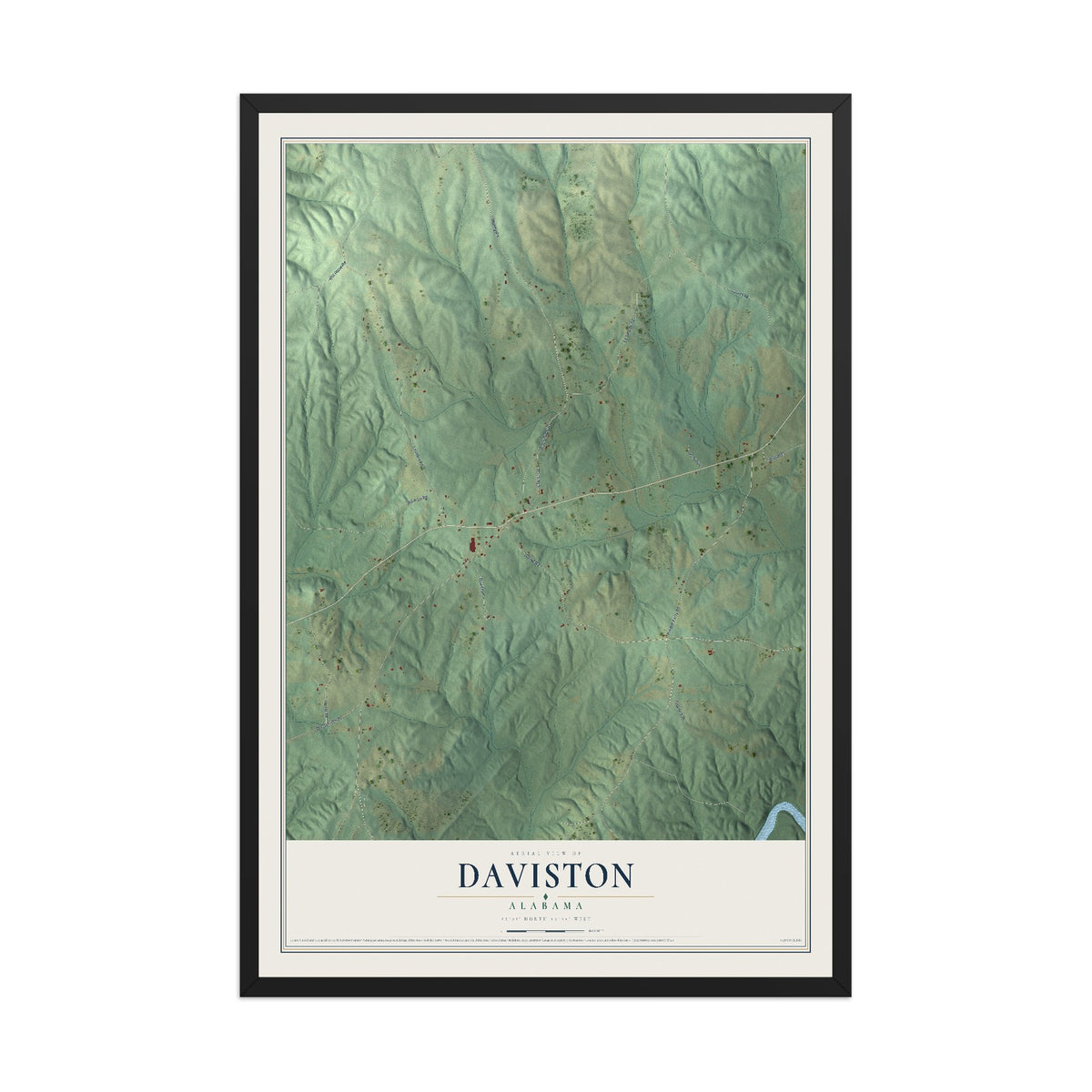 Map of Daviston, Alabama, 12 x 18 inch print in a black wood frame