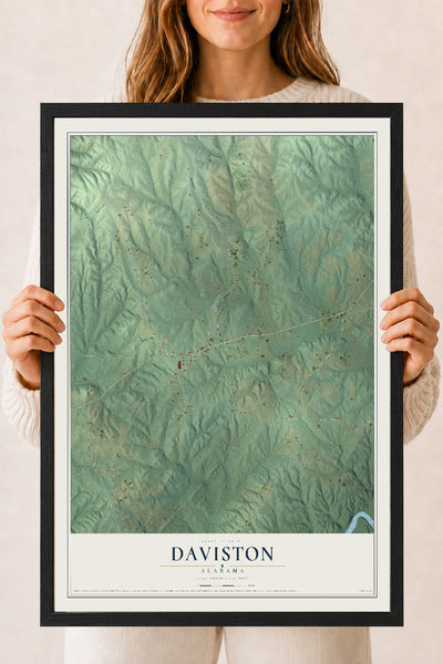 Map of Daviston, Alabama, 18 x 24 inch print in a black wood frame