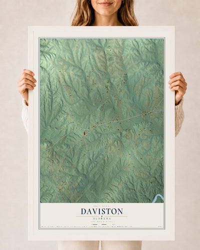 Map of Daviston, Alabama, 24 x 36 inch print in a white wood frame