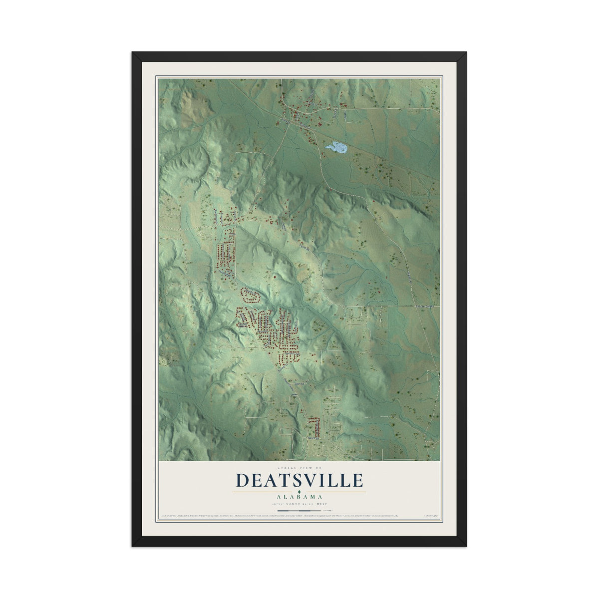 Map of Deatsville, Alabama, 12 x 18 inch print in a black wood frame