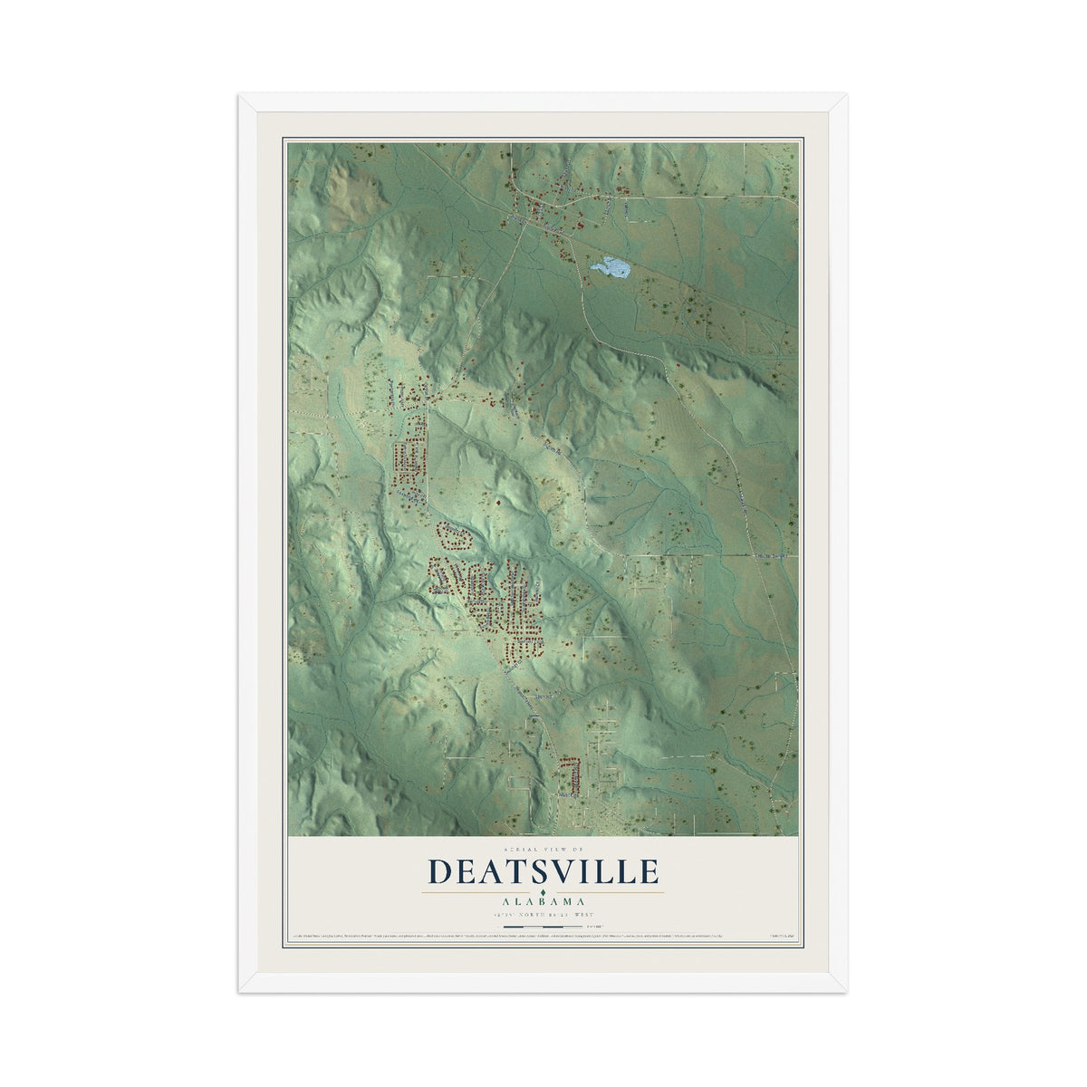 Map of Deatsville, Alabama, 12 x 18 inch print in a white wood frame