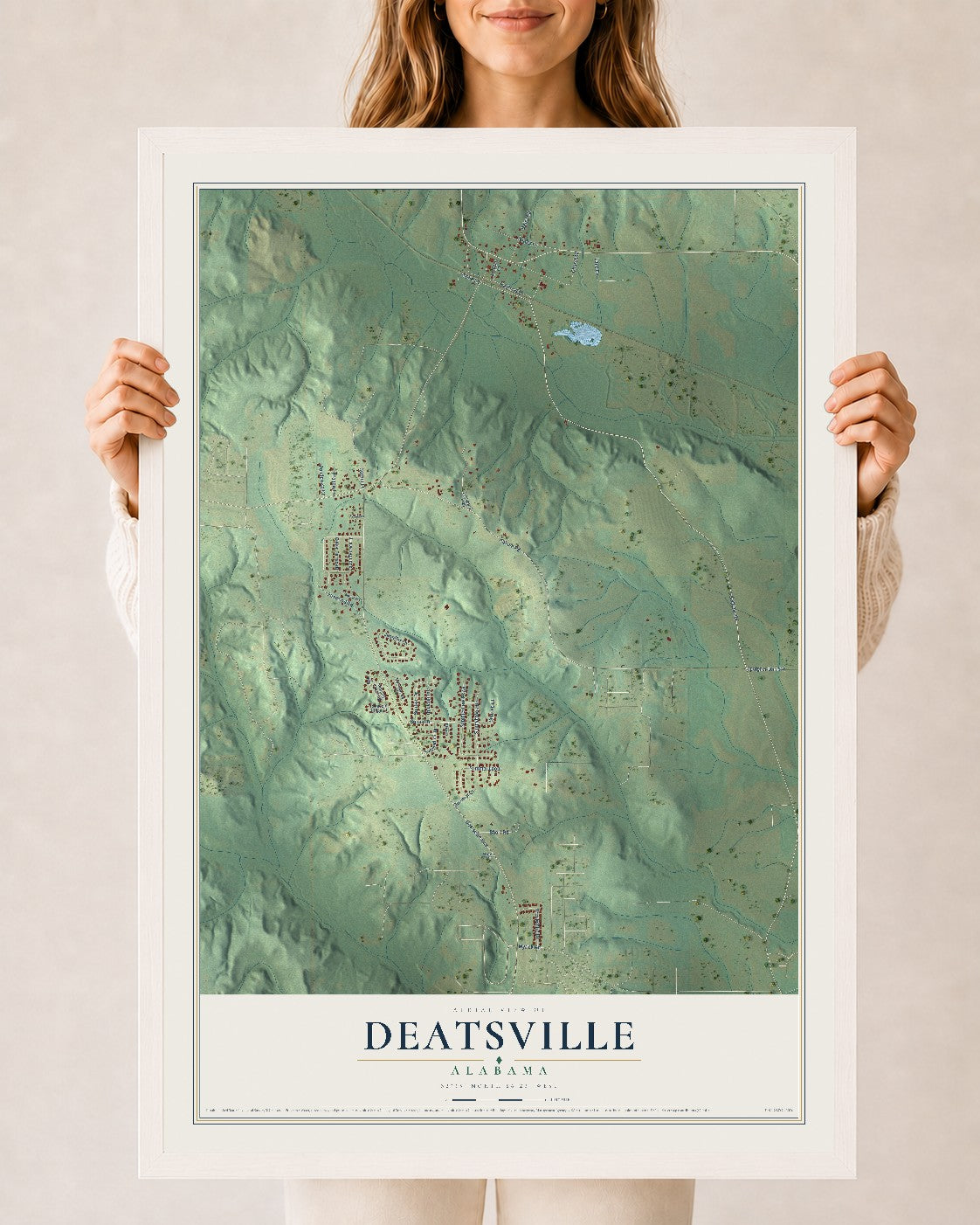 Map of Deatsville, Alabama, 24 x 36 inch print in a white wood frame