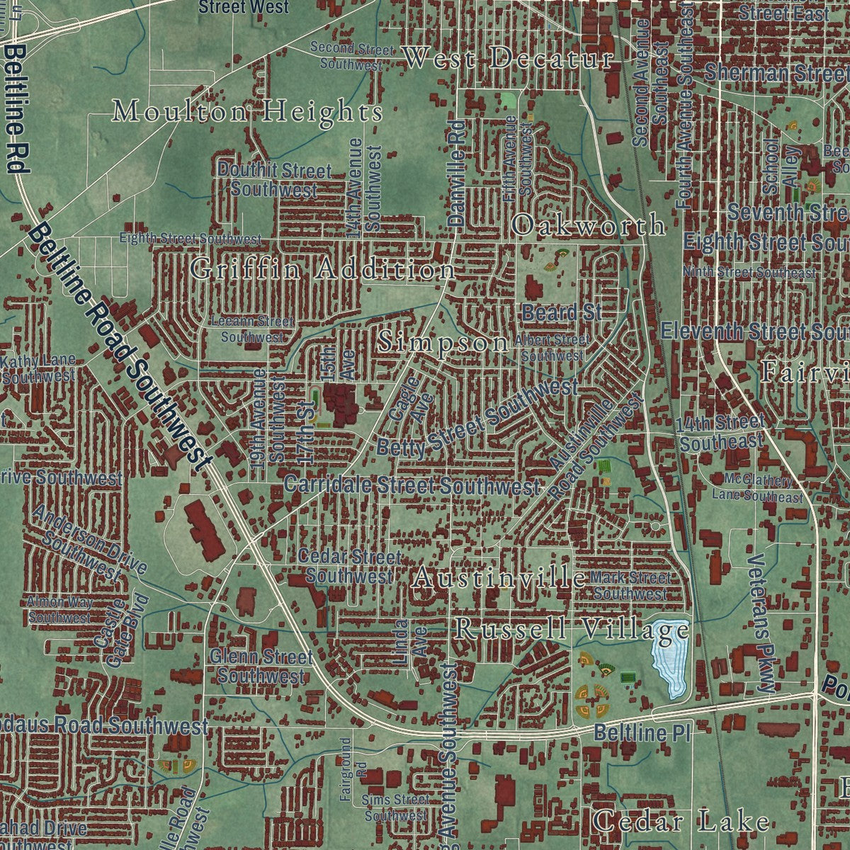 Close-up of the map of Decatur, Alabama print showing street and building detail