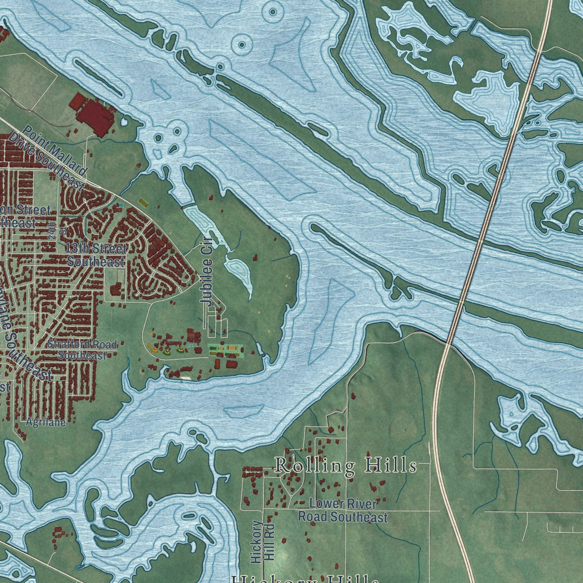 Second close-up of the map of Decatur, Alabama print showing more streets and buildings